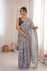 Black White Rose Floral Printed Linen Saree Designer Lace Border