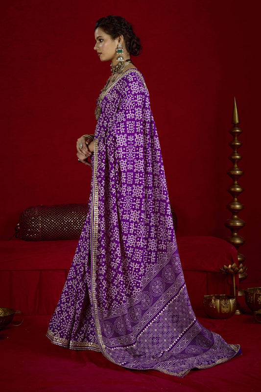 Purple Bandhej Print Festive Saree with Golden Border Matching Blouse
