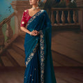 Teal Blue Embroidered Silk Saree with Contrast Blouse 