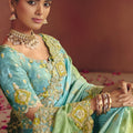 Teal Lime Green Embroidered Silk Saree with Zari Work