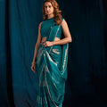 Teal Green Satin Silk Saree with Metallic Zari Designer Party Wear