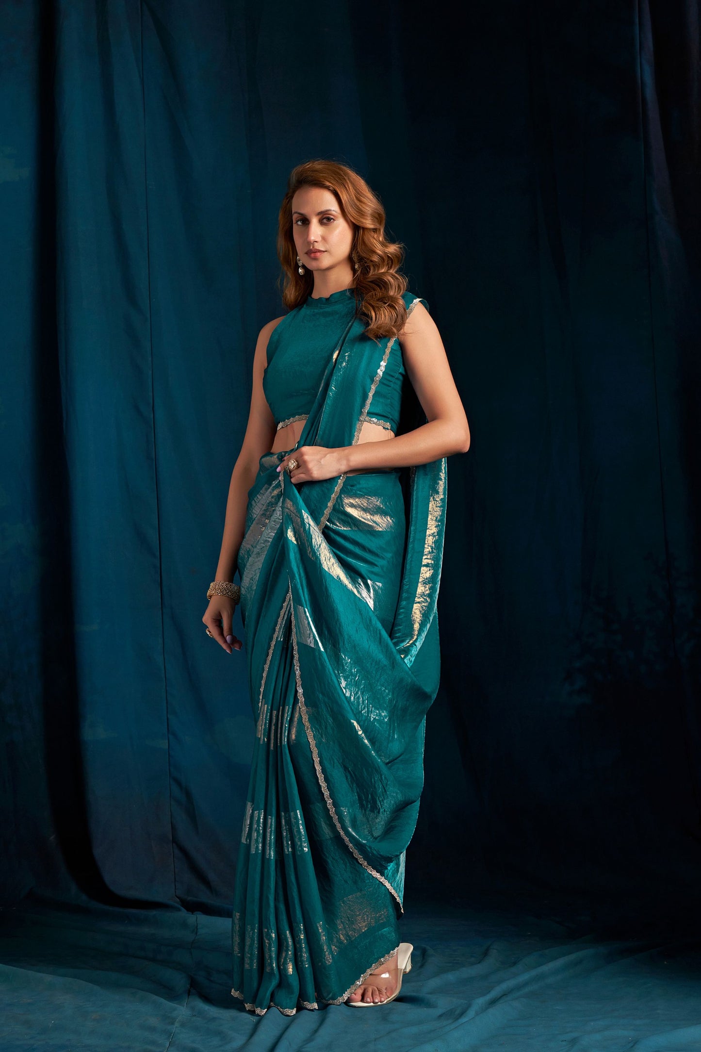 Teal Green Satin Silk Saree with Metallic Zari Designer Party Wear