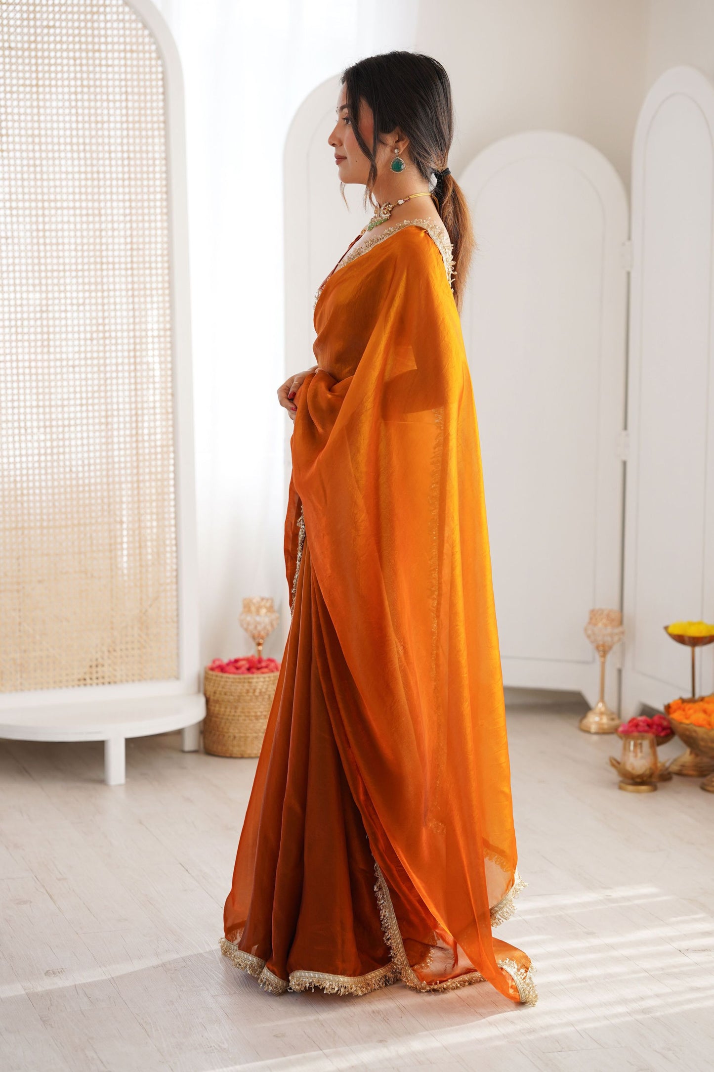 Orange Organza Silk Saree with Designer Golden Lace Border