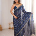 Royal Navy Blue Organza Silk Saree Golden Zari Embroidery Designer Blouse