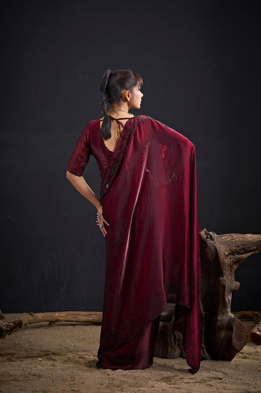 Wine Maroon Embroidered Silk Saree with Designer Blouse