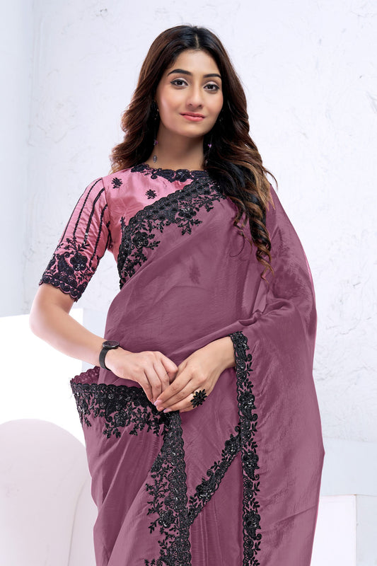 Mauve Georgette Saree with Black Floral Lace Border Designer Blouse
