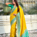 Yellow Saree Green Contrast Border Traditional Printed Design