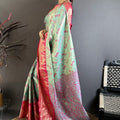 Sea Green Pink Kanjivaram Silk Saree Traditional Zari Woven Saree