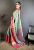 Sea Green Pink Kanjivaram Silk Saree Traditional Zari Woven Saree