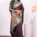 Deep Purple Paithani Silk Saree with Teal Zari Border and Traditional