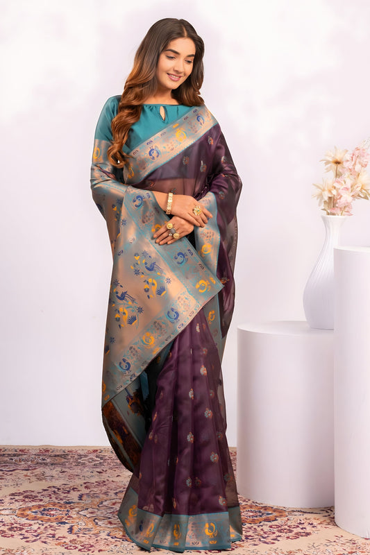 Deep Purple Paithani Silk Saree with Teal Zari Border and Traditional