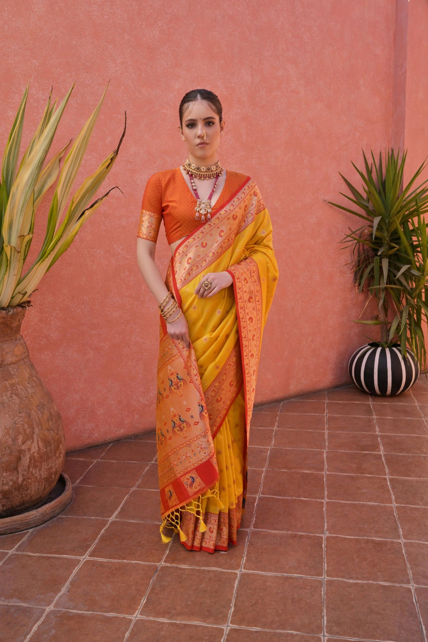 Golden Yellow And Orange Kanjivaram Silk Saree with Rich Zari  Festive Wear