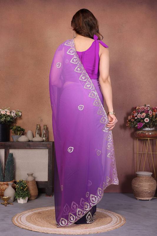 Purple Ombre Georgette Saree with Embroidered Border Work