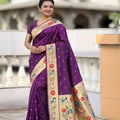 Deep Purple Paithani Silk Saree Multicolor Peacock Floral Woven Border