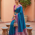 Teal Blue Silk Saree Magenta Contrast Border Zari Weaving