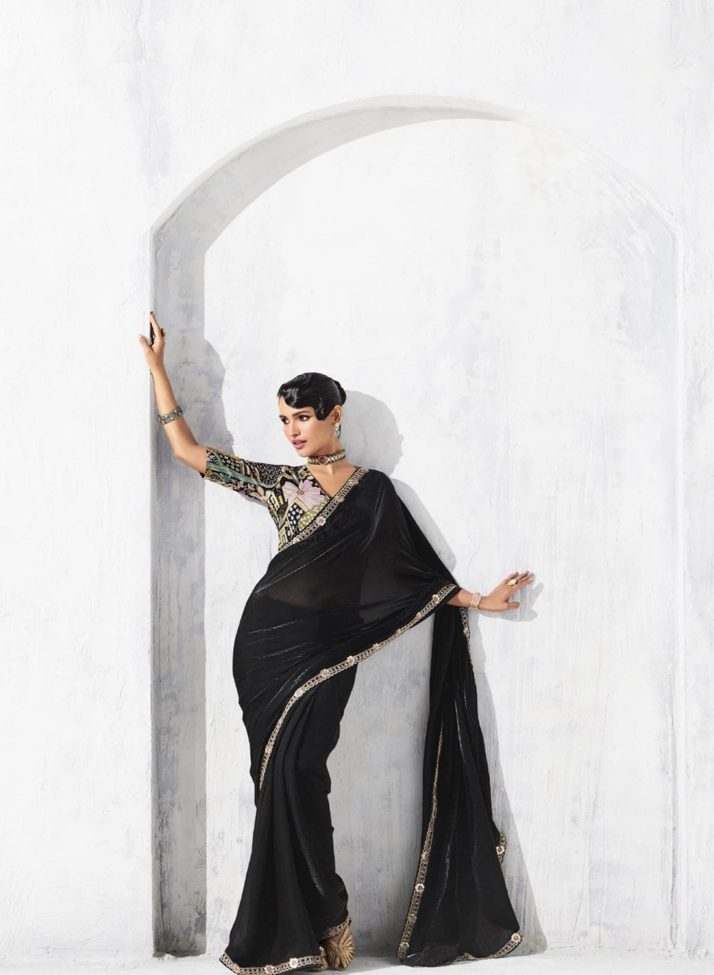 Black Designer Saree Border and Contrast Blouse Party Wear