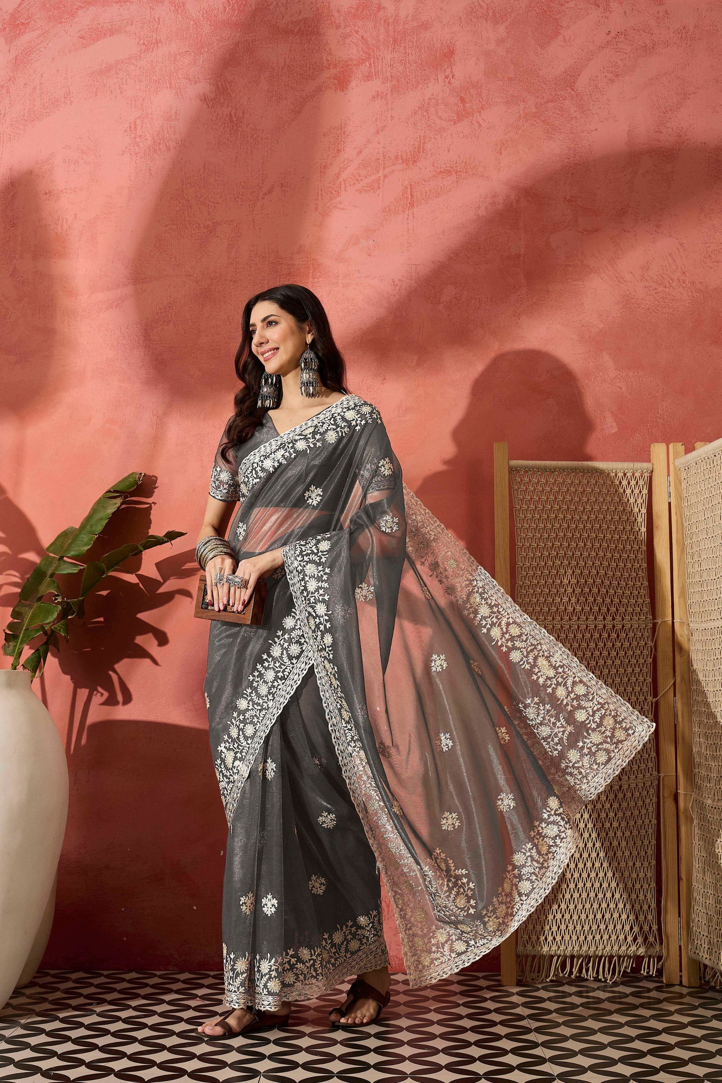 Grey Embroidered Georgette Saree with Designer Border Party Wear Saree