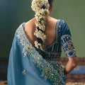 Teal Blue Organza Saree Heavy Silver Zari Embroidery Border Designer Blouse