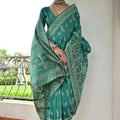 Teal Green Cotton Silk Saree with Traditional Woven Border