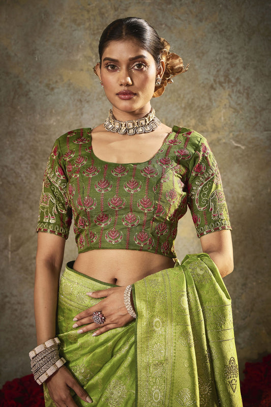 Green Banarasi Silk Saree Rich Gold Zari Weaving Embroidered Border