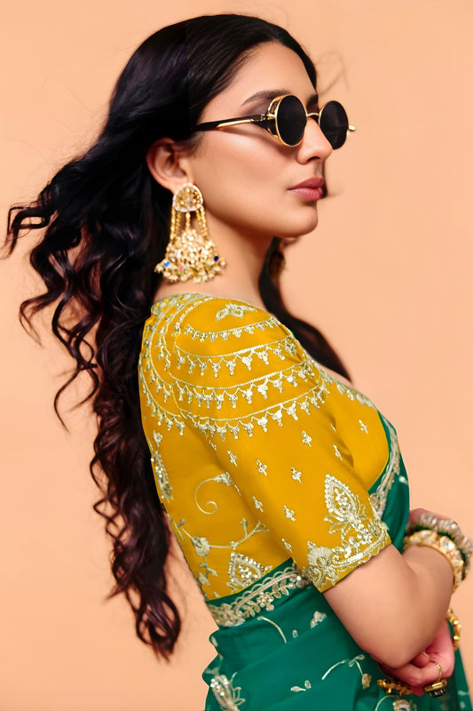 Bottle Green Designer Embroidered Silk Saree Heavy Zari Blouse Piece