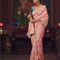 Pink Silk Saree with Embroidered Border and Teal Designer Blouse