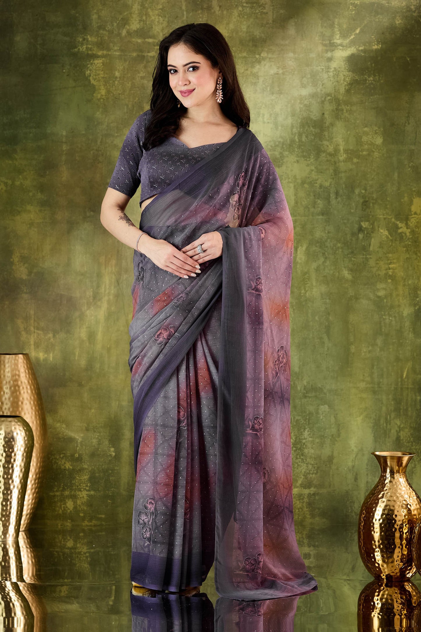 Multicolor Printed Designer Saree with Matching Blouse
