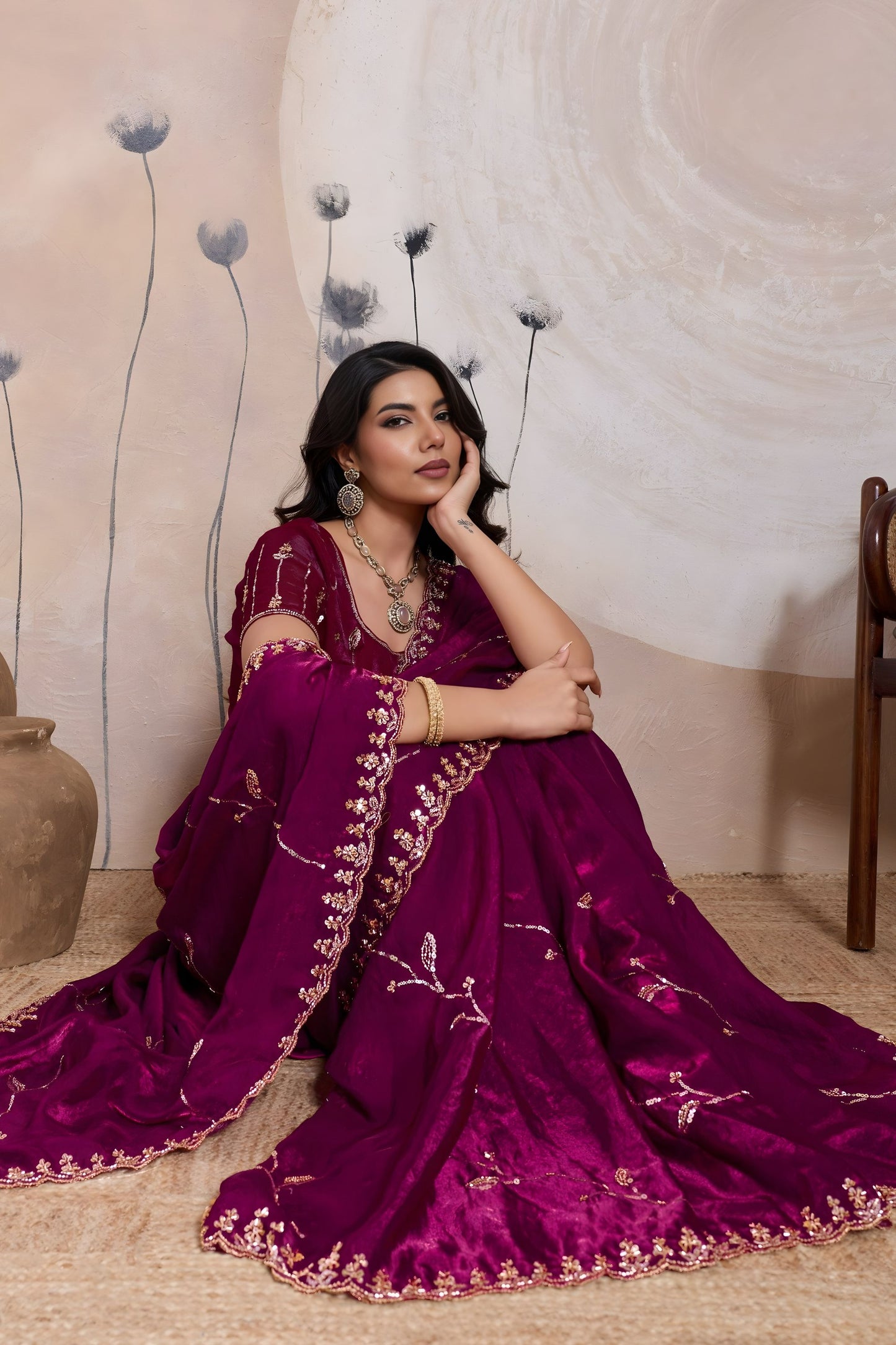 Wine Magenta Silk Saree Golden Zari Embroidery Border Matching Blouse