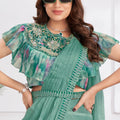 Sea Green Designer Saree with Floral Embroidered Ruffle Blouse