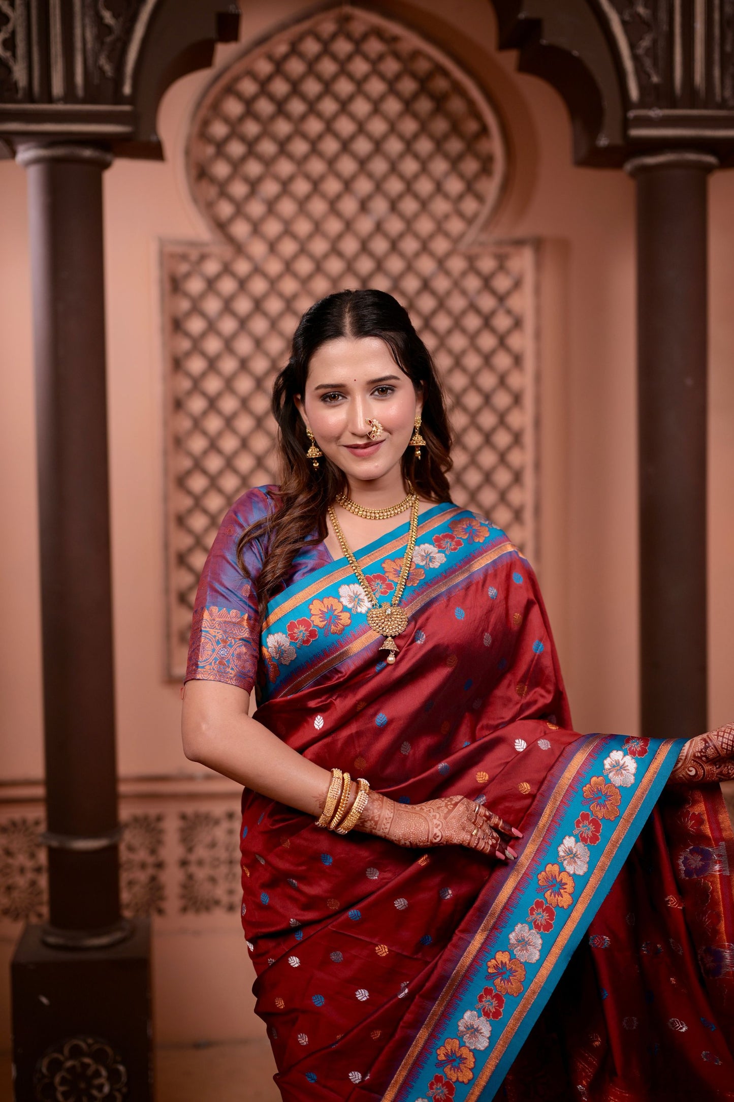Rich Wine Red Paithani Silk Saree with Contrast Teal Blue Zari Border