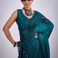 Teal Green Organza Saree Black Floral Embroidery Designer Saree