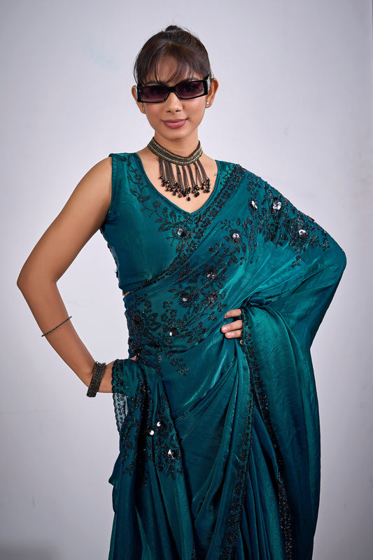 Teal Green Organza Saree Black Floral Embroidery Designer Saree