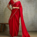 Red Chiffon Saree with Zari Border Embroidered Blouse