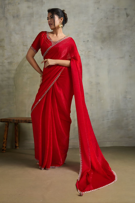 Red Chiffon Saree with Zari Border Embroidered Blouse
