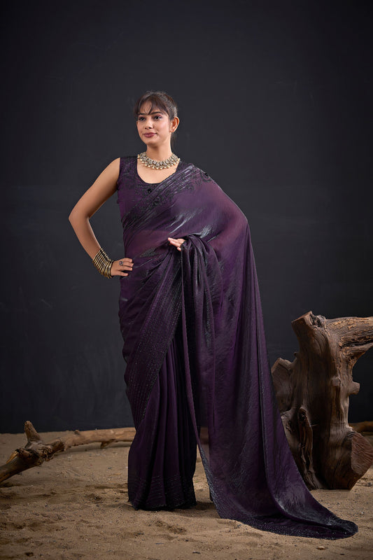 Dark Purple Embroidered Silk Saree with Designer Blouse