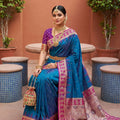 Teal Blue Silk Saree Magenta Contrast Border Zari Weaving