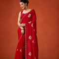 Red Embroidered Georgette Saree Floral Motifs Designer Border