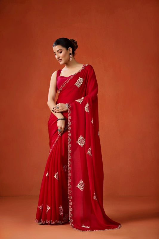 Red Embroidered Georgette Saree Floral Motifs Designer Border