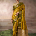 Mustard Yellow Silk Saree with Olive Green Border Rich Zari