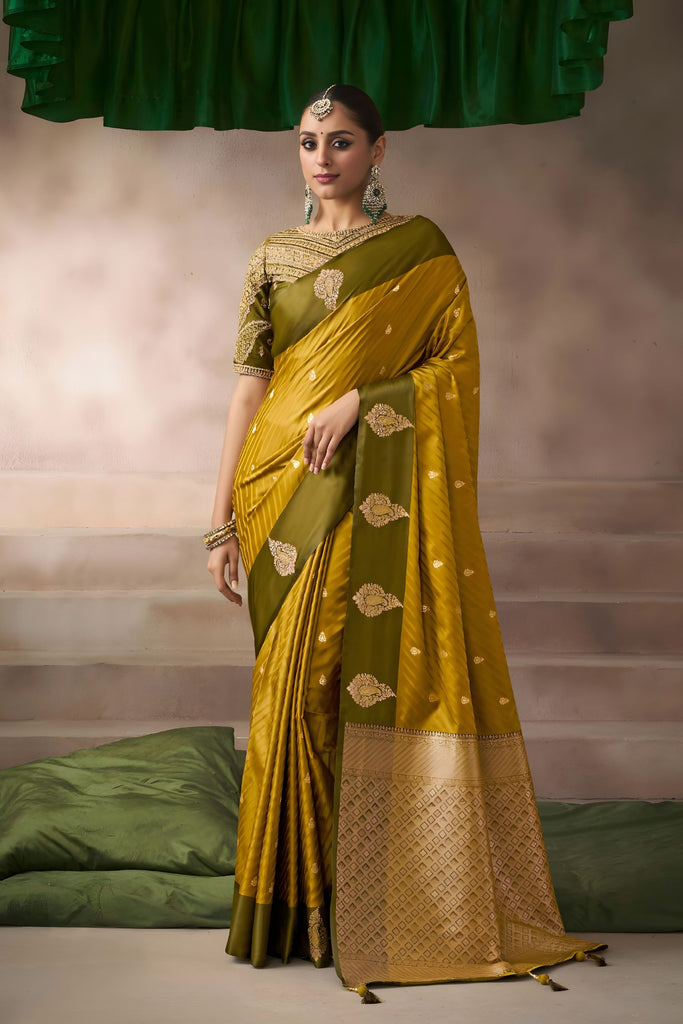 Mustard Yellow Silk Saree with Olive Green Border Rich Zari