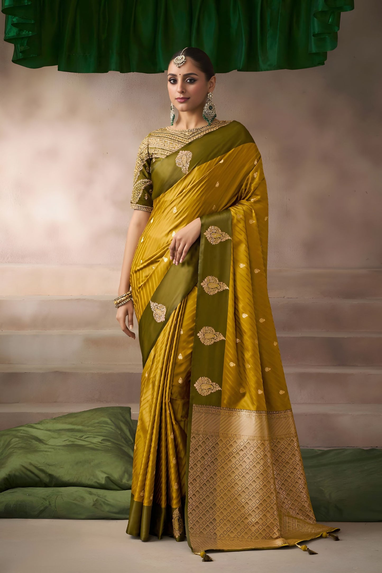 Mustard Yellow Silk Saree with Olive Green Border Rich Zari