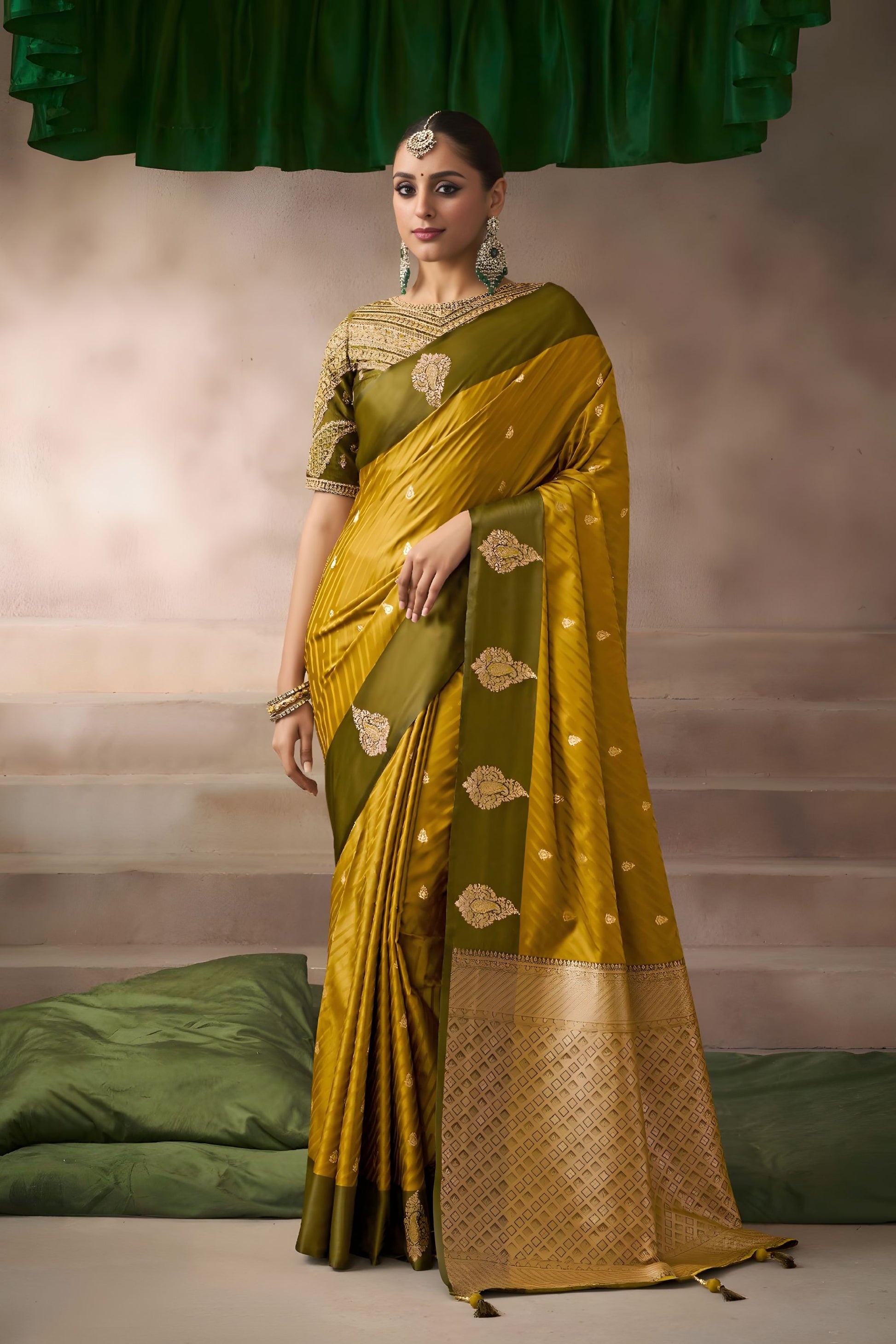 Mustard Yellow Silk Saree with Olive Green Border Rich Zari