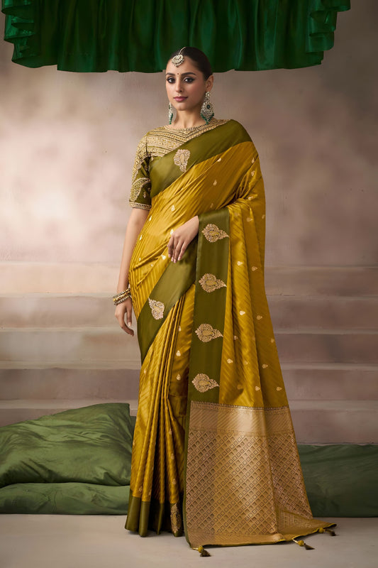Mustard Yellow Silk Saree with Olive Green Border Rich Zari