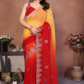 Red Yellow Ombre Georgette Saree with Embroidered Border Work
