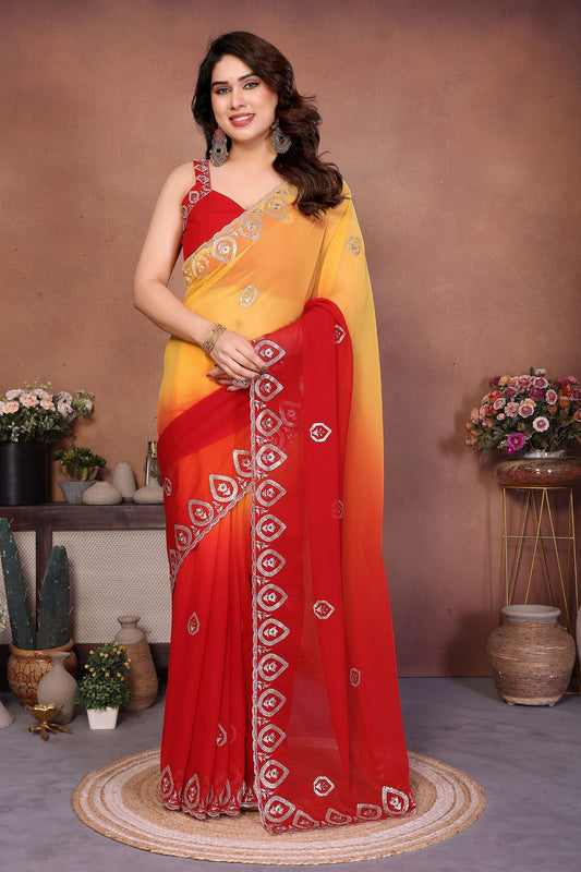 Red Yellow Ombre Georgette Saree with Embroidered Border Work