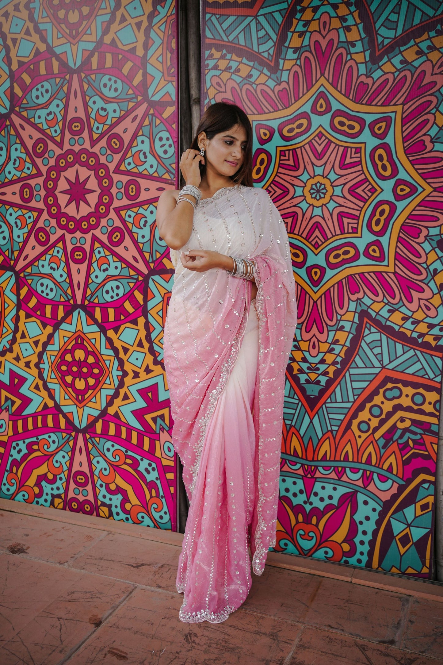 Pink And White Ombre Georgette Saree Designer Border Party Wear