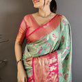 Sea Green Pink Kanjivaram Silk Saree Traditional Zari Woven Saree