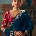 Teal Blue Embroidered Silk Saree with Contrast Blouse