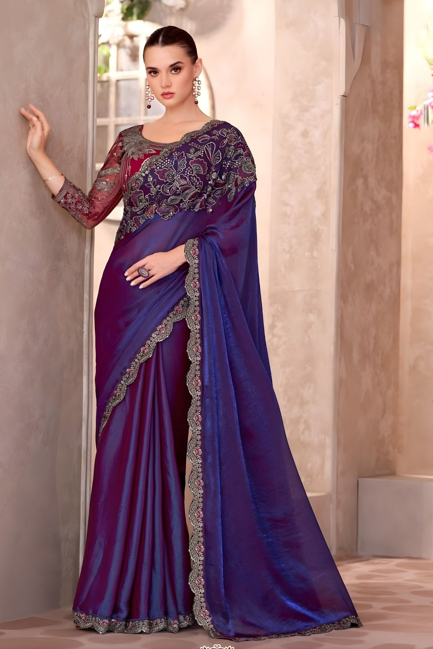 Royal Purple Wine Silk Saree with Heavy Floral Embroidery Blouse 