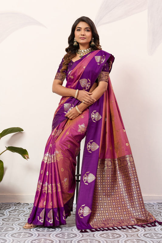 Purple Rani Pink Kanjivaram Silk Saree with Rich Gold Zari Border